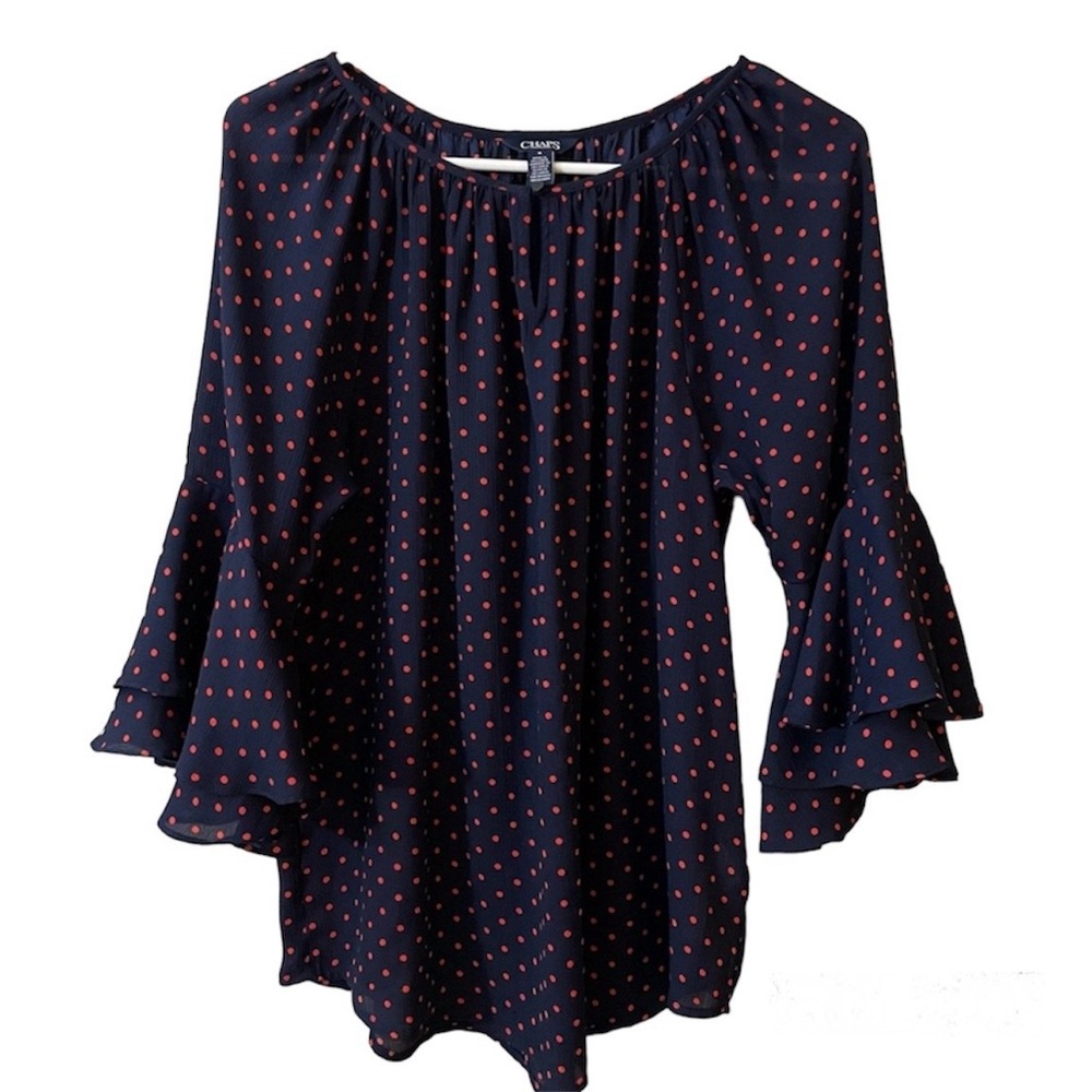 Chaps light weight Navy and Red blouse. Flare, layer 3/4 bell sleeve. Women’s M